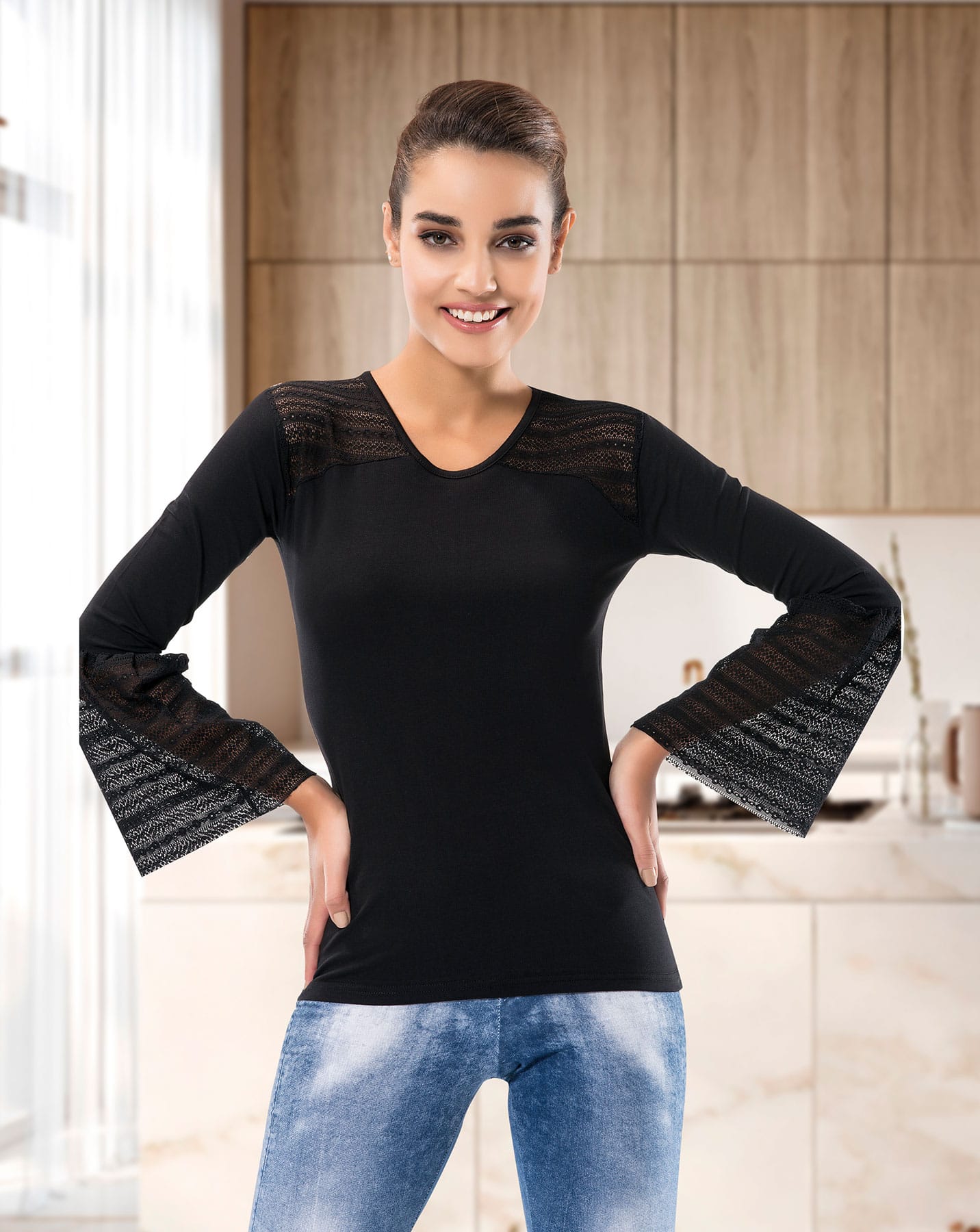 Derya Kurşun Güpürlü Uzun Kol Kadın Body 122