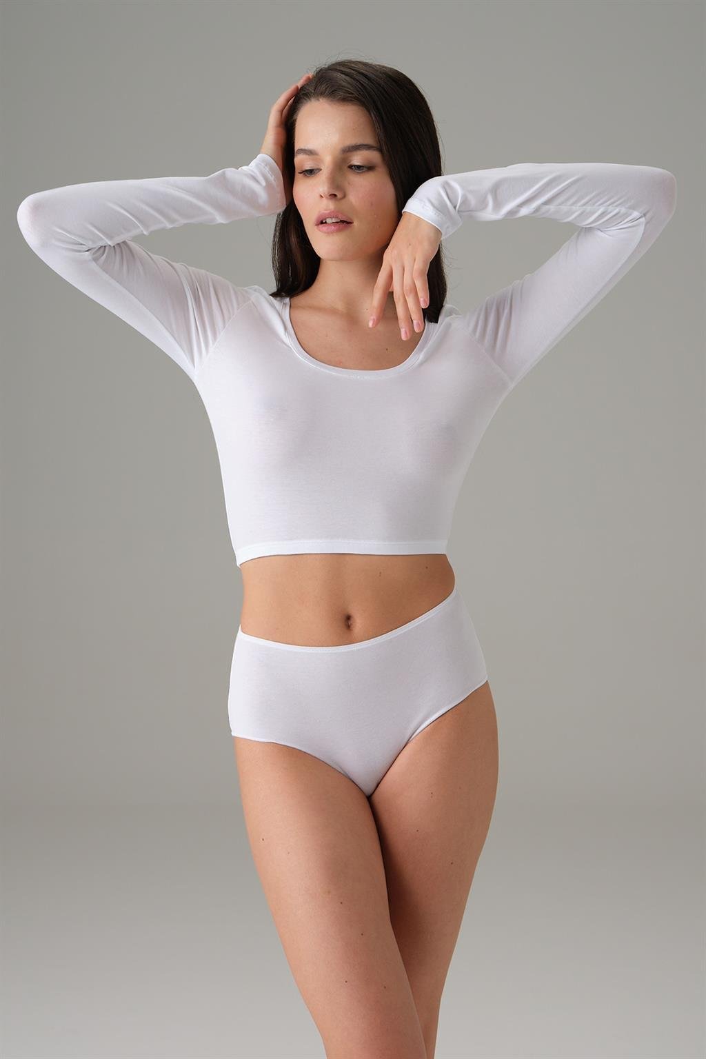 Doreanse Beyaz Kadın Basic Uzun Kol Crop T shirt 8513