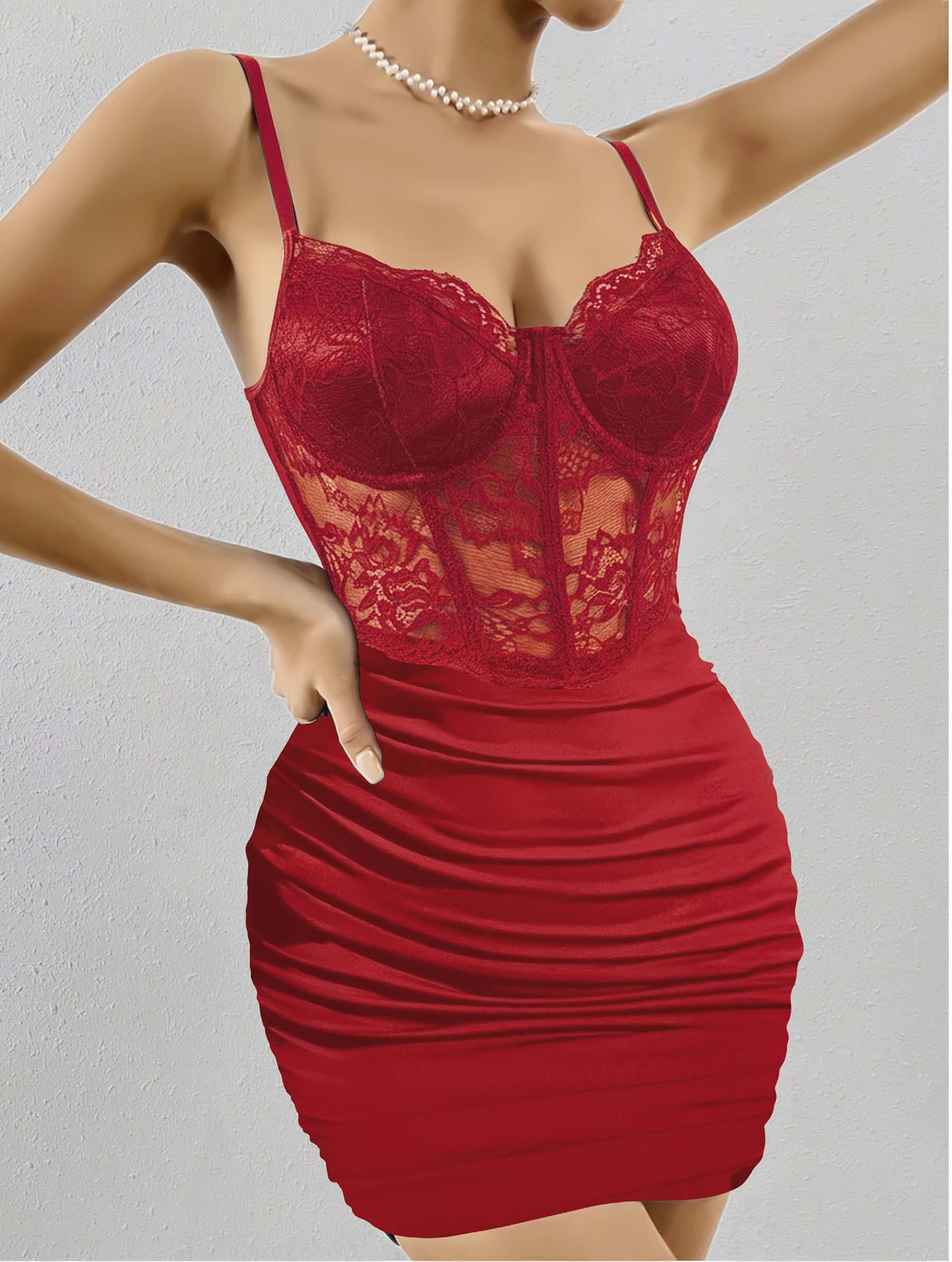 Kadın Kırmızı Transparan Karın ve Dantel Detaylı Gece Kıyafeti 5150
