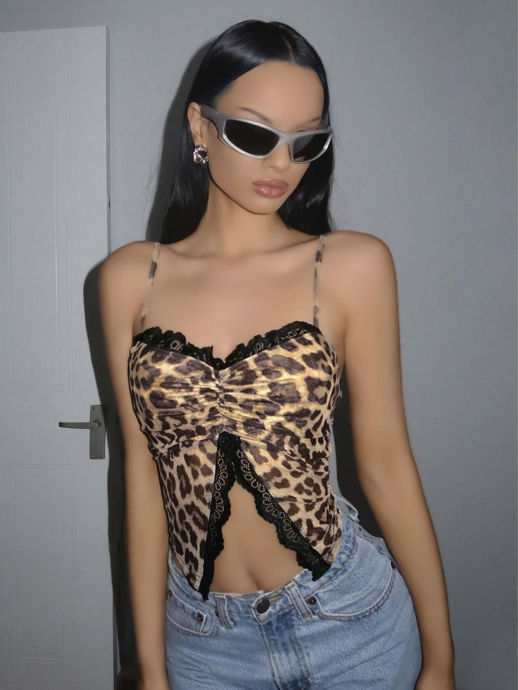 Kadın Leopar Desenli Crop Önden Dantel detaylı 5095