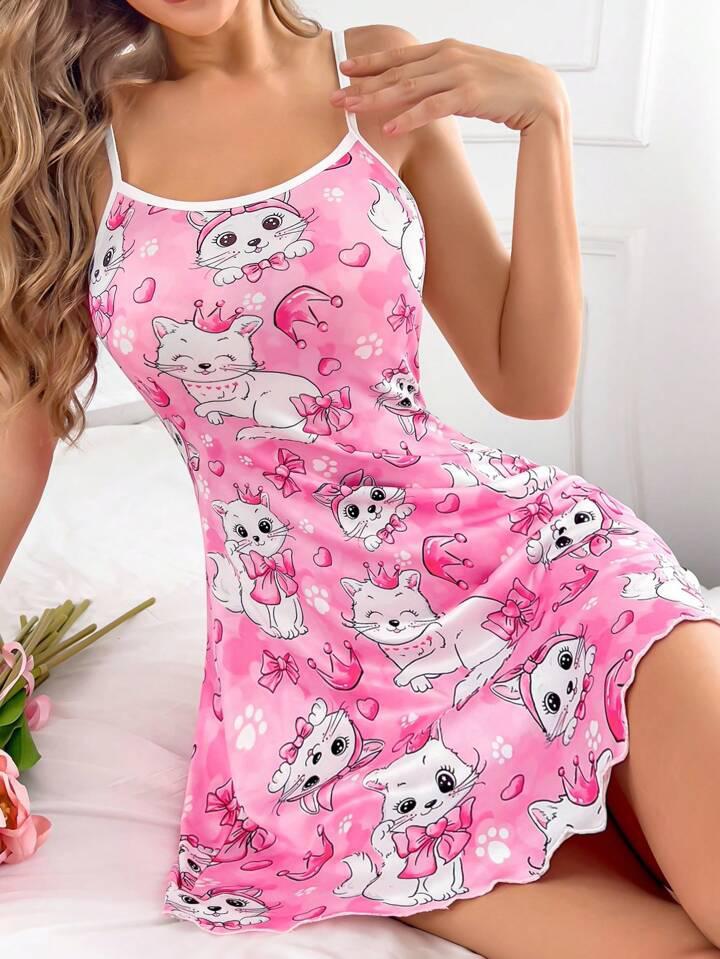 Kadın pembe kedi desenli gecelik