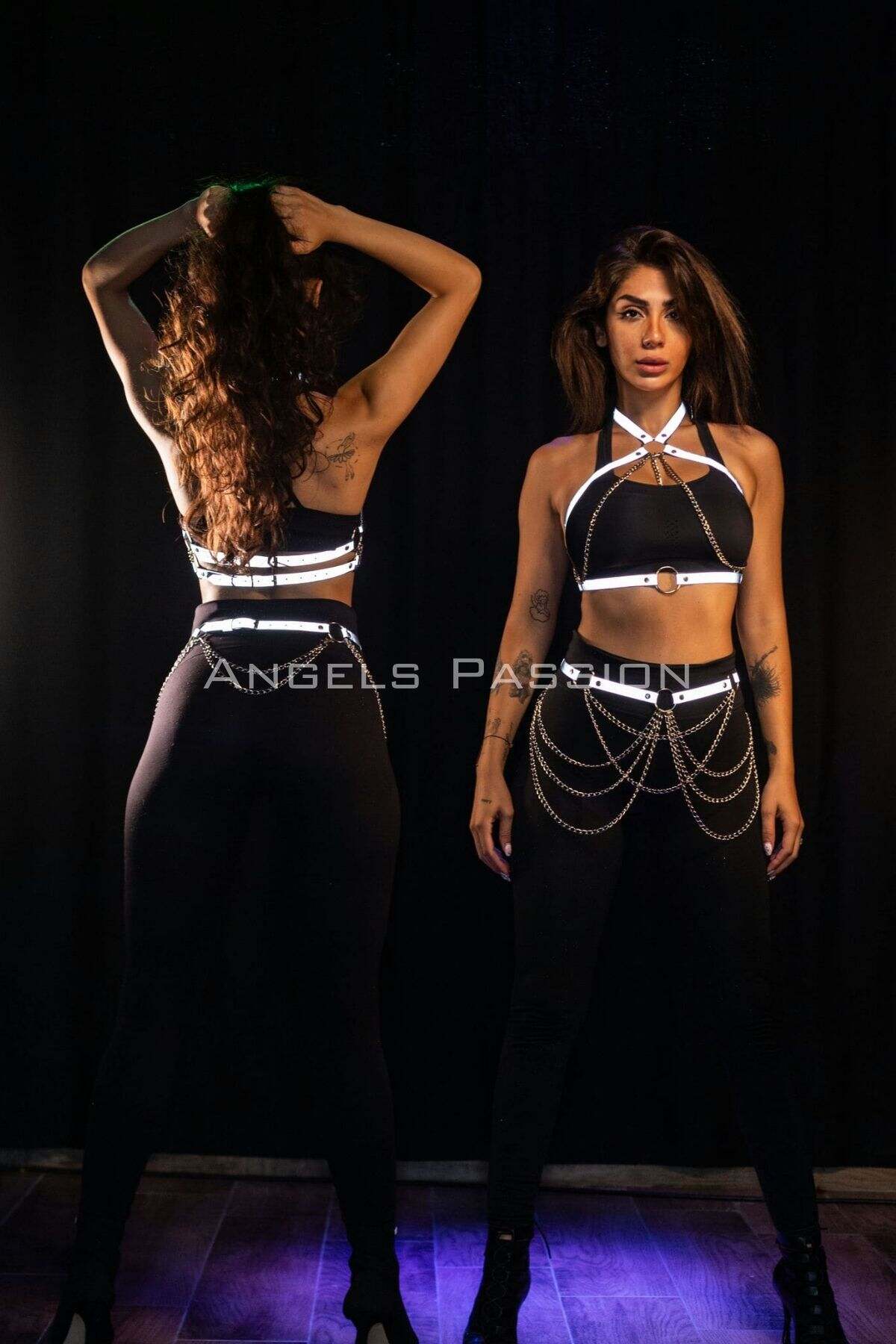 Karanlıkta Yansıyan Reflektörlü Zincirli Harness Takım, Dancewear, Partywear - APFT1365