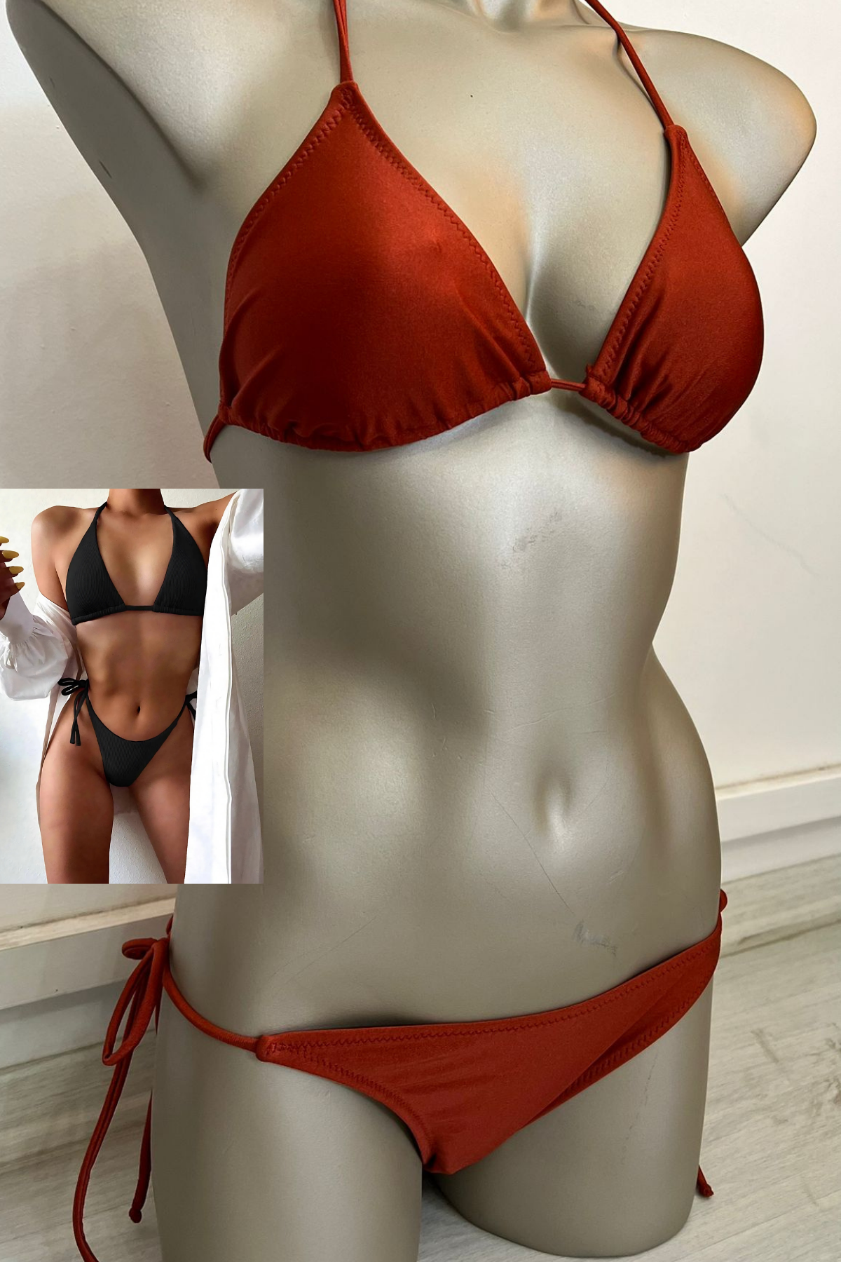 Özel Tasarım Bağlamalı Kiremit Rengi Bikini Takımı
