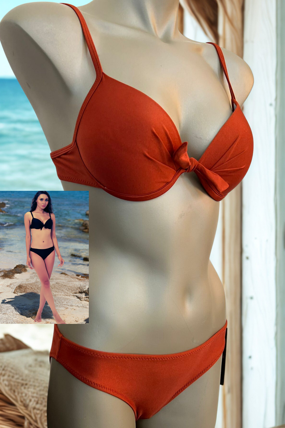 Özel Tasarım Ön Kısmı Fiyonk Kiremit Rengi Bikini Takımı