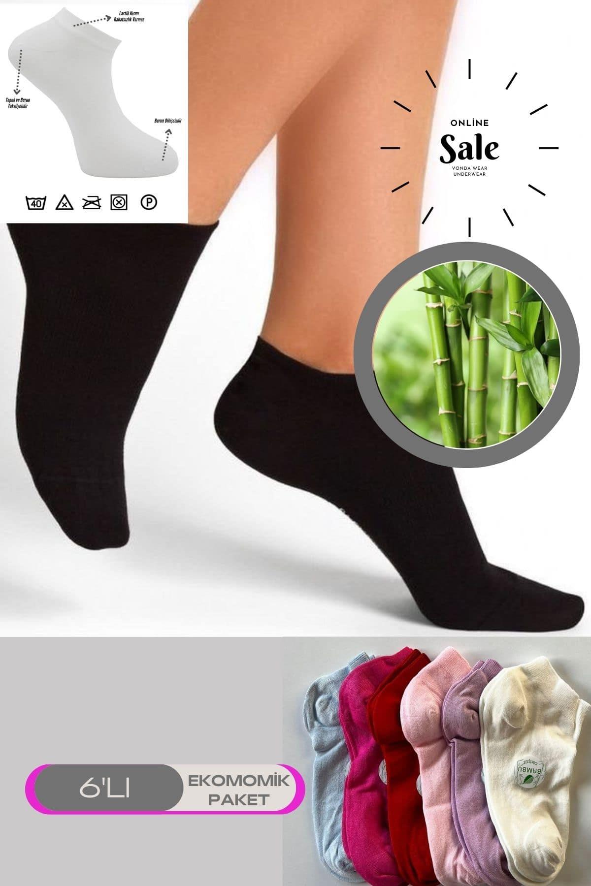 Renkli 6 Lı Bambu Yumuşak Topuk Burun Dikişsiz Takviyeli Kadın Patik Çorap 2015-Renkli-6LI